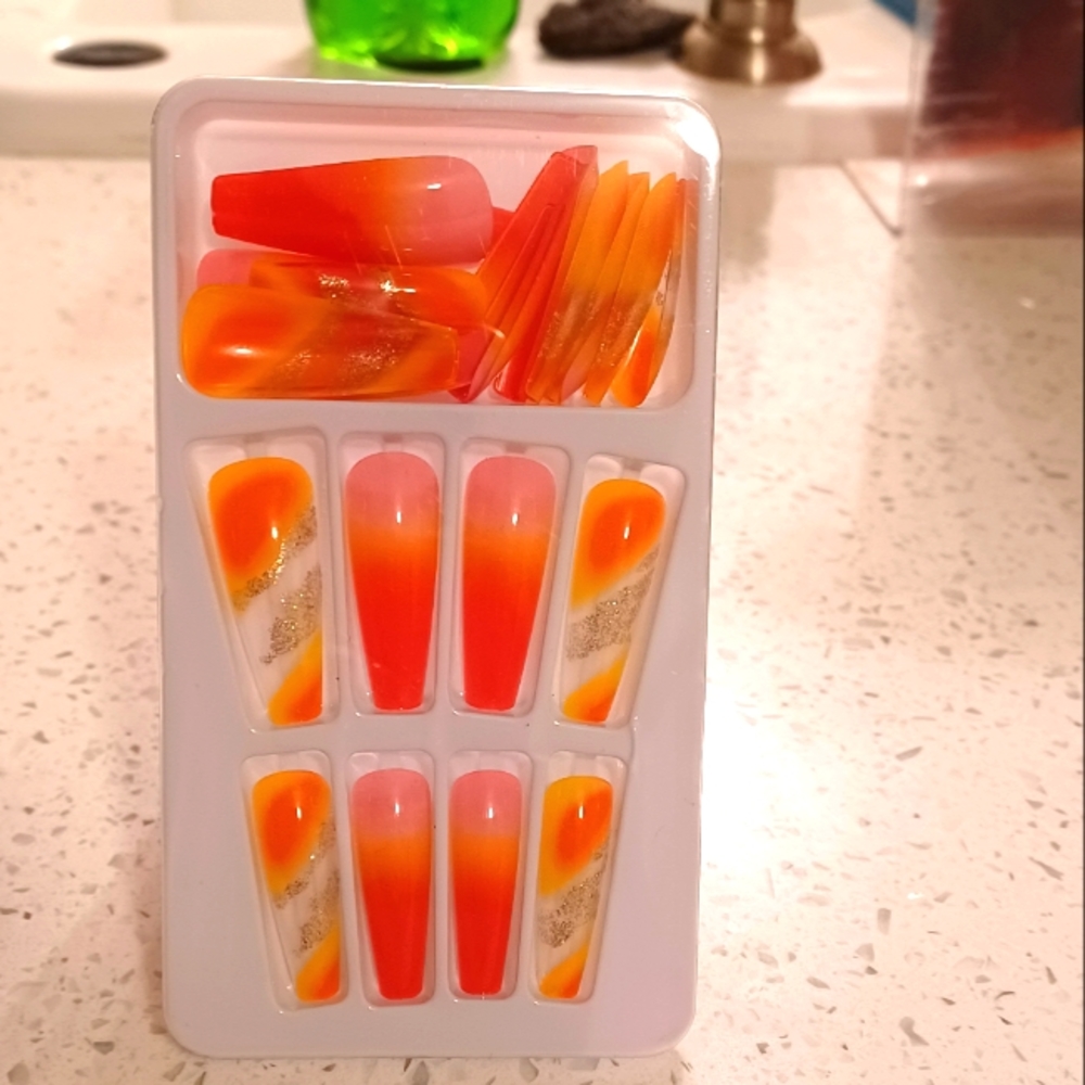 24pc Orange and Pink Coffin shape nail kit